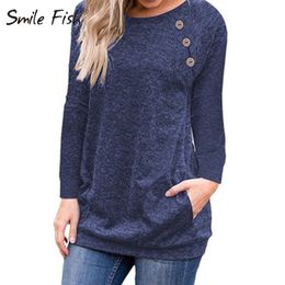 New Basic T Shirt Winter Autumn Women T-Shirts O-Neck Long Sleeve Top Casual Buttons Pockets Bottoming Tee Shirt Plus Size GV579 201028