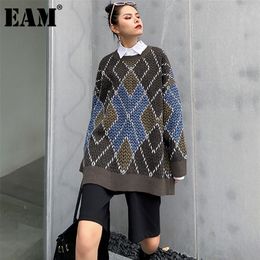 [EAM] Pattern Big Size Knitting Sweater Round Neck Long Sleeve Women Pullovers New Fashion Tide Autumn Winter 2021 1DD0689 201223