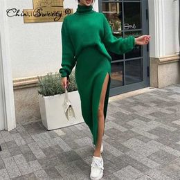 Turtleneck Knitted Sweater Skirt Two Pieces Set Women Autumn Winter Long Sleeve Pullover Sexy Side Split Midi Skirts Suit 211221