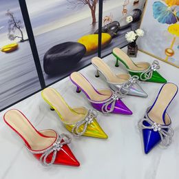 Slippers Topquality Heels Slippers Genuine Leather Mach Heeled Sandals Rhinestone Bow Decorative Evening Women Shoes Luxury Designer Sandal Fashion 65cm Middle H