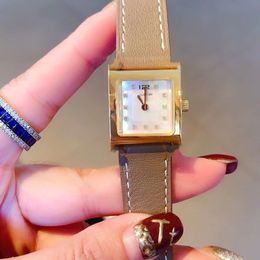 21mm 26mm handmade genuine cow leather square quartz wacth white mother of pearl shell dail wristwatch sapphire female clock