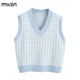 women fashion oversized knitted vest sweater V neck sleeveless houndstooth loose female waistcoat casual tops 210203