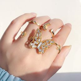 Bohemia Geometric Butterfly Rhinestone Ring Set for Women Fashion Gold Metal Moon Thin Opening Adjustable Finger Rings Jewelry