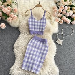 Sweet Plaid Knitted Two Piece Set Women Sexy Crop Top + Bodycon Mini Skirt Girls Short Vest & Suits 2pcs Outfits 220302