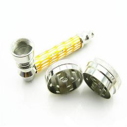 Wholesale metal pipe smokink pipes aluminum alloy carved with a cover tobacco grinder set 2 layers of manual herb grinders