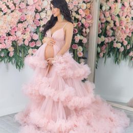 Light Pink Prom Dresses Spaghetti Straps Pregnant Women's Dress Ruffles Train Sheer Maternity Gowns for Photo Shoot