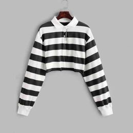 Fashion Buttons Striped T-Shirt Casual Autumn Winter Ladies Loose Tee Crop Tops Female Women Long Sleeve Shirt Blusas Pullover G220228