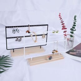 46-hole 2 Layers Metal Jewellery Rack Wooden Black White Ear Studs Earring Holder Pouches, Bags