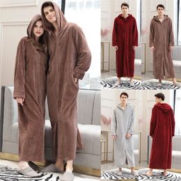 Couples Men's Hooded Lengthened Bathrobe Zipper Home Clothes Long Sleeved Robe Coat long warm Pyjamas nightdress bride wedding 210203