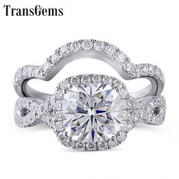 TransGems Solid 10K White Gold Engagement Bridal Set Center 2ct 7.5MM Square Cushion Cut Halo Ring Set for Women Y200620