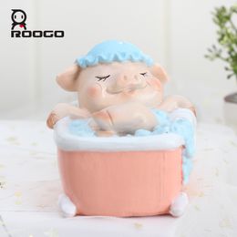 ROOGO home decoration accessories for living room pig figurine statue leisurely cute pig resin ornament home desk decorations T200710