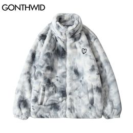 Hip Hop Winter Faux Fur Fleece Jacket Streetwear Men Harajuku Tie Dye Heart Fuzzy Jackets Warm Coats Casual Zipper Coats 211216