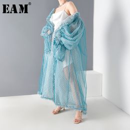 [EAM] Women Blue Dot Mesh Perspective Big Size Long Blouse New Long Sleeve Loose Fit Shirt Fashion Spring Summer LJ200811
