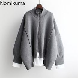 Nomikuma Korean Fake Two Pieces Knitted Jacket Patchwork Long Sleeve Zipper Sweater Coat Autumn New Causal Knitwear 6C418 201023