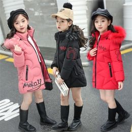 Children Winter Jacket Girl Clothes Cotton-padded Outerwear Kids Warm Letter Thick Fur Collar Hooded Long Down Coats 201102