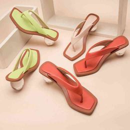 Size 43 Women Shoes Sandals Square Head Pinch Flip Flops Crystal Transparent Ball Low Heel Clear Women Slippers Fashion Slides Y220224