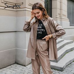 Simplee Fashion autumn women PU leather two-piece jacket coat female brown Button basic jacket Casual button faux leather coat 210201