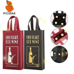 Storage Bags Wine Eco Extile Non-woven Bag Handle 2 Bottle 4 Single Double Folded Red Black Package StorageGift Pattern Print Custom Tote1