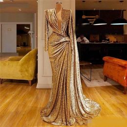 2020 Sparkly Gold Mermaid Evening Dresses Deep V Neck Sequins Long Sleeve Prom Dress Sweep Train Formal Party Second Reception Gowns