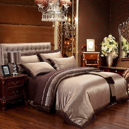 Coffee blue luxury silk jacquard cotton bedding sets/bedclothes queen king size 4/6 pcs duvet cover bed linen sheet set pillow LJ200818