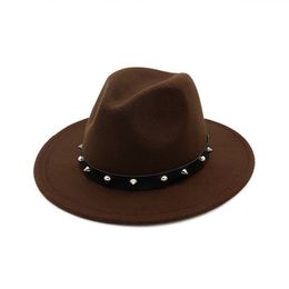 Unisex Adults Age Group Rivet Sombrero Wool Felt Fedora Hats Men Women Flat Brim Jazz Formal Hat Panama Gambler Trilby