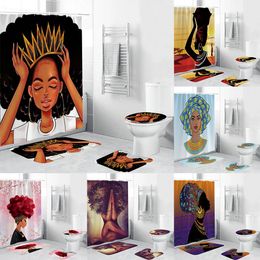 Beautiful African Girl Durable Fabric Shower Curtain Bathroom Set Carpet Cover Toilet Cover Bath Mat Pad 4 Pieces 8 Patterns T200711