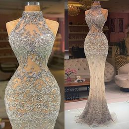 Customise Beading Mermaid Evening Dresses Floor Length Lace Applique Prom Party Gowns See Thru High Neck Slim Photoshoot Dress