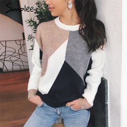 Simplee Casual patchwork pullover sweater Knitted o-neck long sleeve women sweater England ladies chic warm winter sweater 201222