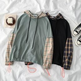 BF Style Patchwork Sweatshirt Women Casual Long Sleeve Hooded Plaid Fashion Pullover Female Cotton Black Pocket Cotton Tops 201102