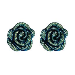 Vintage Hand Made Blue Rose Stud Earrings for Woman Elegant Rhinestone Padded Flower Statement Earrings Female Party Ear Jewelry