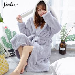 Jielur Coral Velvet Bathrobe Women Cartoon Cute Warm Hooded Robe Rabbit Flannel Kimono Bath Robe Dressing Gowns Sleepwear 201109