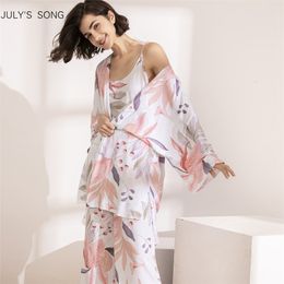 JULY'S SONG 3 PCS Women Pyjamas Set Viscose Floral Printed Female Pyjama Loose Elegant Pink Leave Female Nightwear Spring Summer LJ200814