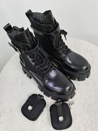 Hot Sale New Fashion Lace-up Chunky Sole Round Toe Patent Leather Ankle Pocket Knight Boots Autumn Thick Heel Khaki Black Shoes for Women