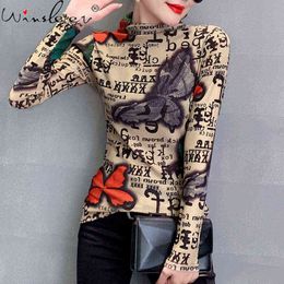 Fall Winter European Clothes T-shirt Sexy Mesh Print Turtleneck Women Tops Ropa Mujer Long Sleeve Bottoming Shirt Tees T08716L H1230