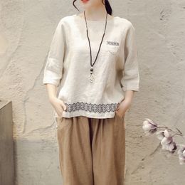 Summer New Arts Style Women Half Sleeve Loose T-shirt Vintage Embroidery Cotton Linen Tee Shirt Femme Tops Plus Size M61 201028