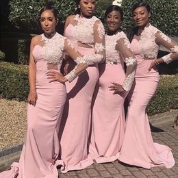 Pink Bridesmaid Dresses Long Sleeves One Shoulder Illusion Jewel Neck Lace Applique Sweep Train Custom Made Country Maid of Honor Gown