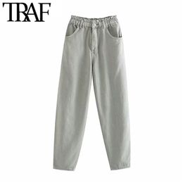 TRAF Women Vintage Stylish Pockets High Waisted Jeans Fashion Elastic Paperbag Waist Female Denim Harem Pants Pantalones Mujer 201223