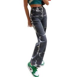 Kvinnor Tie Färgtryck Baggy Jeans Joggare 2021 Streetwear Vintage Straight Denim Byxor Hög Midja Mamma Casual Denim Trousers P2110
