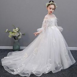 In 2020, the new style of long sleeve feather simple good-looking fashion hand-made flower puff dress host girls piano performance dress
