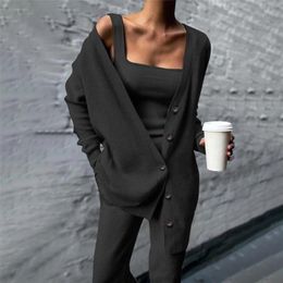 Women's Knitted Three Piece Sets Cardigan Loose Knitwear Outfitv-Neck Single Breasted High Waist Female Casual Pant Suit Ladies 220315