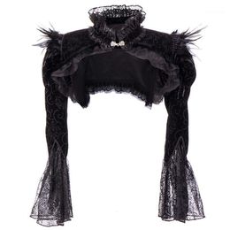 Women's Jackets Victorian Black Flannel Feathers Lace Jacket Long Sleeve Ruffles Stand Collar Gothic Bolero Clothing Accessories Steampunk C