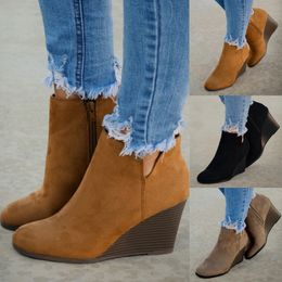 Hot Sale Women Vintage Suede Leather Elegant Ladies Boots Fashion Women Suede Wedges Zipper Solid Color Short Booties Round Toe Shoes