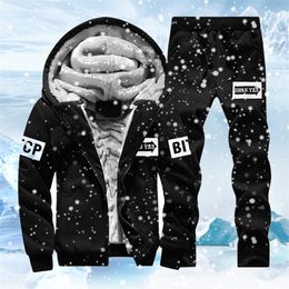 Fleece Men Set Fashion Brand Tracksuit Lined Thick Sweatshirt + Pants Sportswear Suit Male Winter Warm Hooded Outerwear 220308