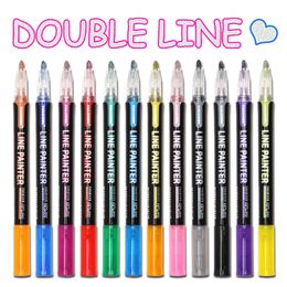 12 Colours Metallic Double Lines Art Markers Out line Pen Stationery Arts Drawing Pens for Calligraphy Lettering Scrapbooking 0873