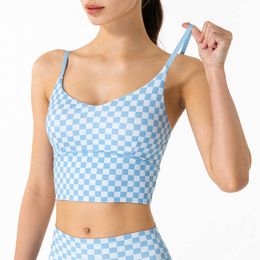 Checkerboard Lattice Sports Underwear Women's Camis Tank Tops Plaid Gathered Back Fitness Running Gym Clothes Suspender Yoga Bra