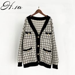 H.SA Women Sweater Jacket Oversized Knitted Cardigans Loose Plaid Jumpers Korean Clothing Robe Long Elegnat Female Coat 201023