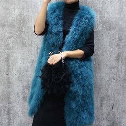 Long turkey feather fur vest autumn and winter women's sleeveless slim solid color V-neck ostrich feather waistcoat female 201103