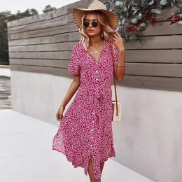 Casual Dresses Spring Summer Long Women Clothing Short Sleeve V-Neck A-line Dress Bohemian Floral Roupas Feminina