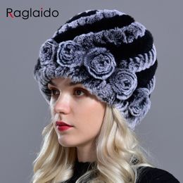 Raglaido 7colors Winter hats for women Real Rex Rabbit Floral madam Beanie Hat Hand knitted fur Caps LQ11174 Y200102
