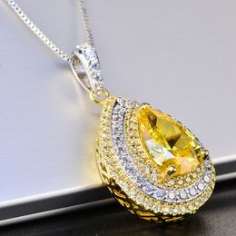 PANSYSEN Solid 925 Sterling Silver Water Drop Citrine Gemstone Pendant Necklaces for Women Wedding Cocktail Party Fine Jewelry Q0531